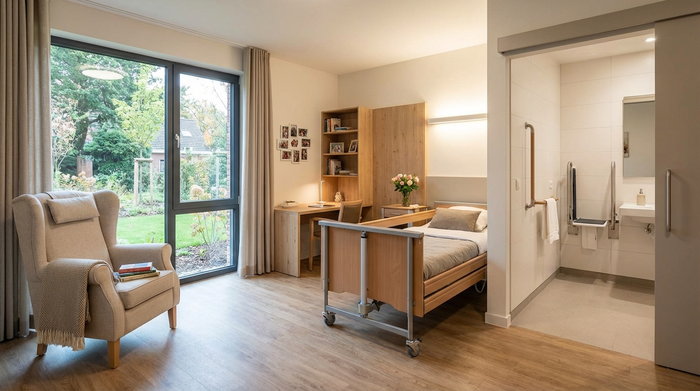 Modernes, barrierefreies Pflegezimmer mit gemütlichem Sessel und großem Fenster