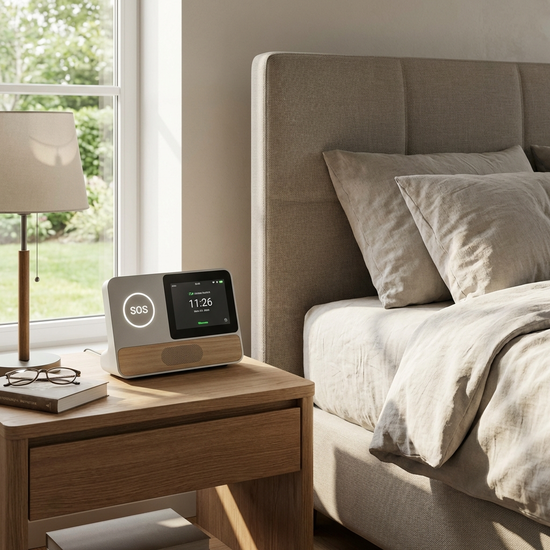 Modernes Hausnotruf-Gerät auf einem Nachttisch neben dem Bett