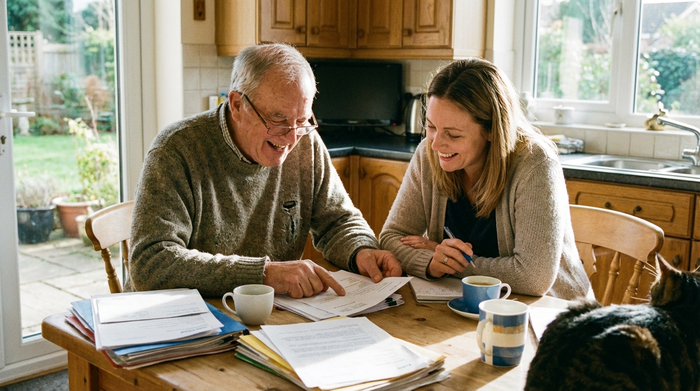 Älterer Herr und seine Tochter sitzen am Küchentisch und besprechen Dokumente