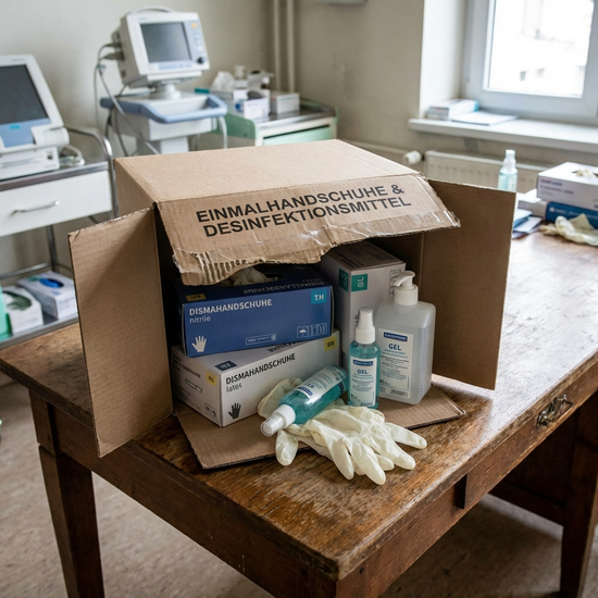 Geöffnetes Paket mit Einmalhandschuhen und Desinfektionsmittel auf einem Tisch