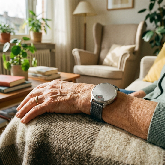 Modernes Hausnotruf-Armband am Handgelenk einer älteren Person