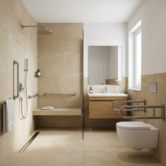 Modernes, barrierefreies Badezimmer mit bodengleicher Dusche und Haltegriffen