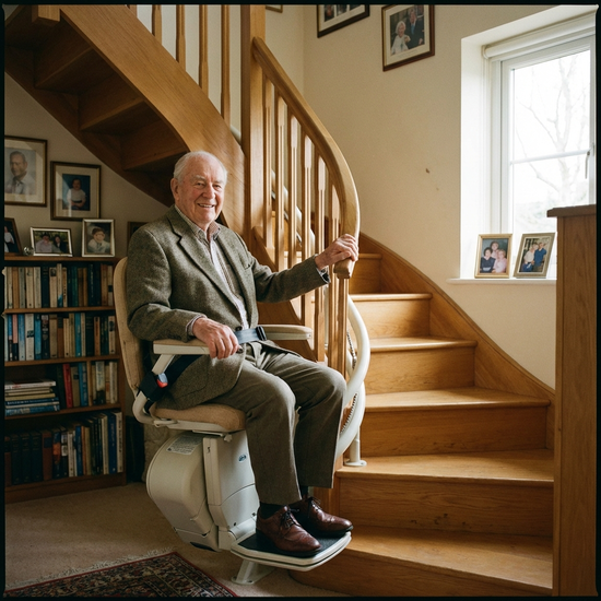 Senior fährt mit einem Treppenlift sicher die Treppe hinauf