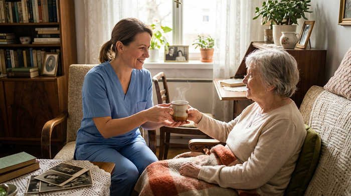 Pflegekraft reicht einer älteren Dame eine Tasse Tee im gemütlichen Wohnzimmer