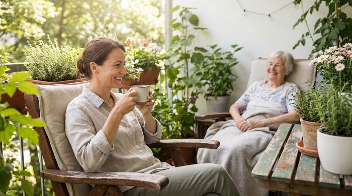Entspannte pflegende Tochter genießt eine Tasse Kaffee auf dem Balkon