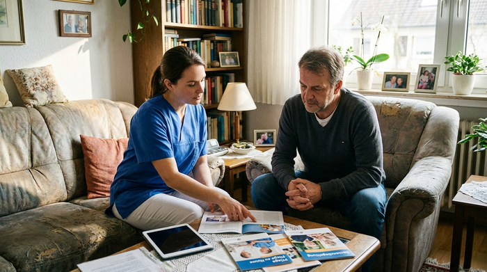 Pflegefachkraft berät pflegenden Sohn im Wohnzimmer, beide schauen auf Informationsmaterial