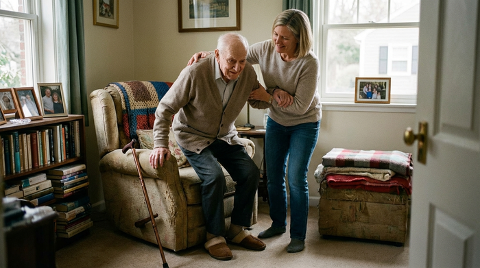 Angehörige stützt geschwächten Senior beim Aufstehen aus dem Sessel