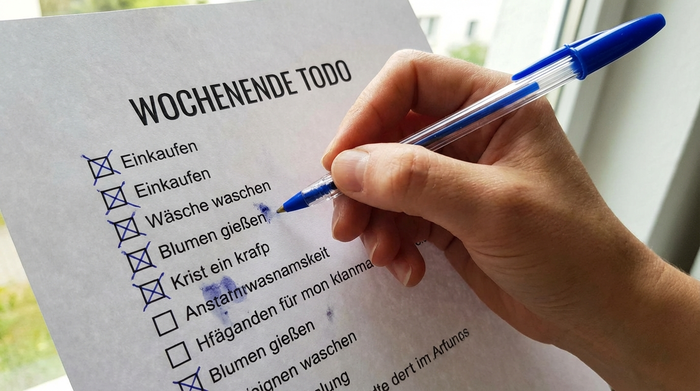 Hand kreuzt mit einem Stift Punkte auf einer gedruckten Checkliste an