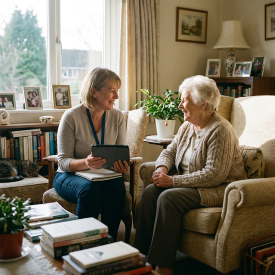 Freundliche Gutachterin im Gespräch mit einer Seniorin im Wohnzimmer