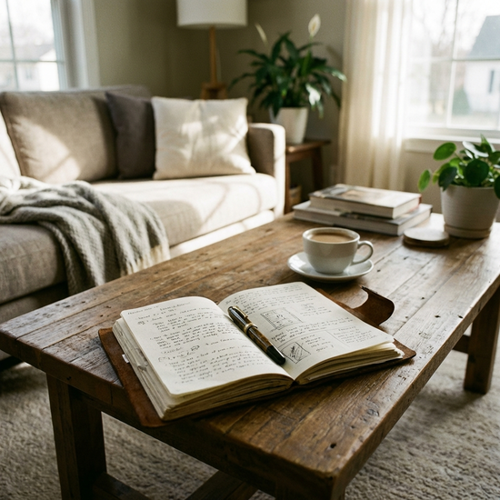 Notizbuch mit Stift auf einem Wohnzimmertisch