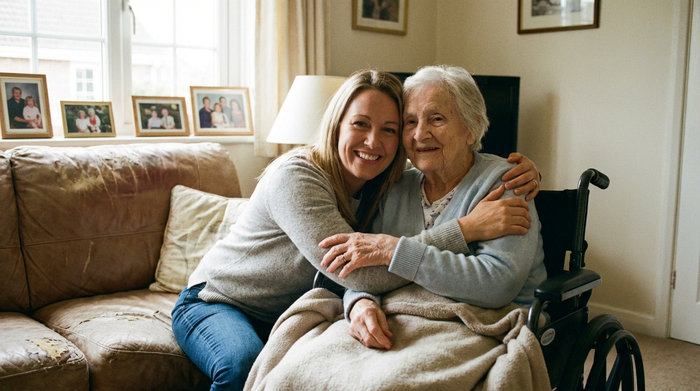 Lächelnde Tochter umarmt ihre pflegebedürftige Mutter liebevoll