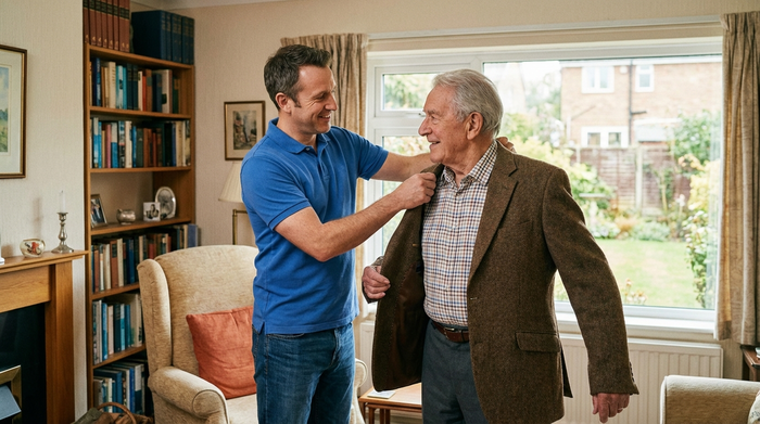 Pfleger hilft Senior beim Anziehen einer Jacke