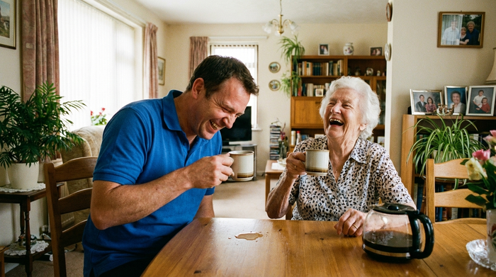 Pfleger und Seniorin lachen gemeinsam beim Kaffeetrinken