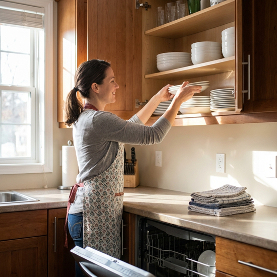Haushaltshilfe beim Einräumen von sauberen Tellern in den Küchenschrank