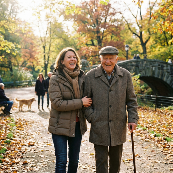 Alltagsbegleiterin und Senior beim gemeinsamen Spaziergang im Park