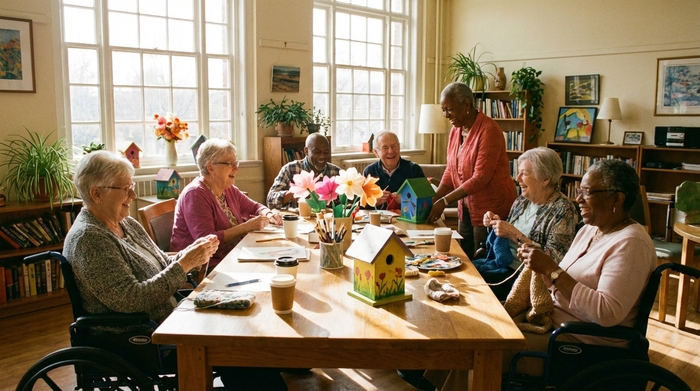 Gruppe von Senioren bastelt gemeinsam an einem großen Tisch in einem hellen Raum