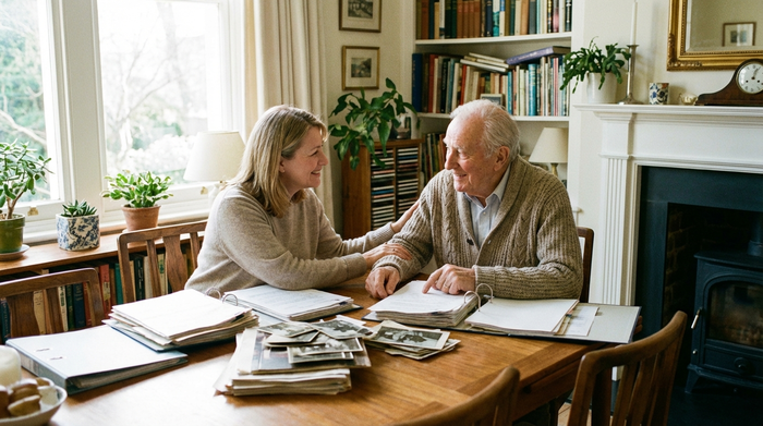 Tochter sitzt mit ihrem älteren Vater am Esstisch und ordnet wichtige Dokumente