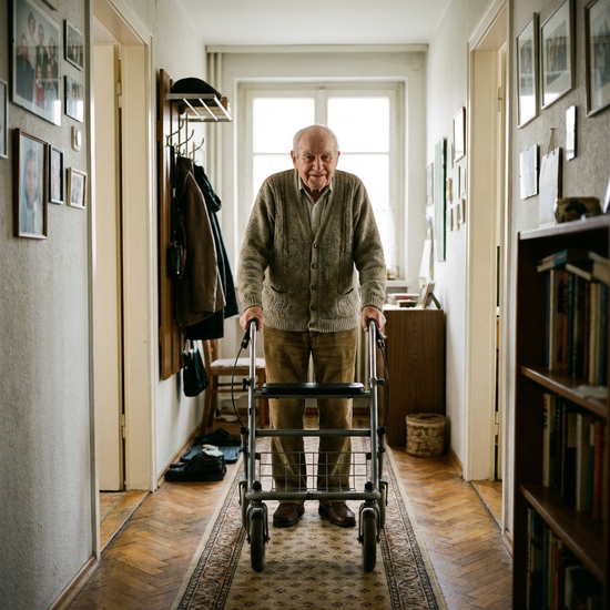Älterer Herr mit Rollator im Flur seiner Wohnung