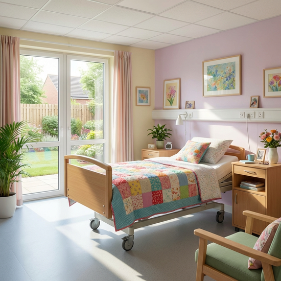 Krankenhausbett in einem hellen, freundlichen Zimmer