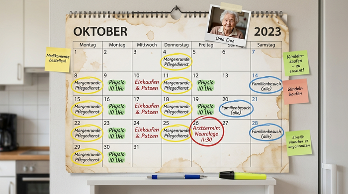 Kalenderblatt mit markierten Tagen und Notizen zur Pflegeorganisation