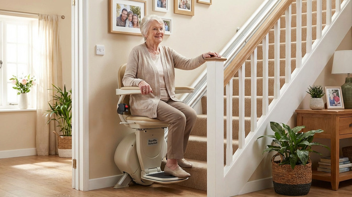 Ältere Dame nutzt einen sicheren Treppenlift