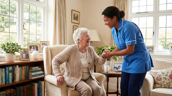 Freundliche Pflegekraft unterstützt Seniorin im Wohnzimmer