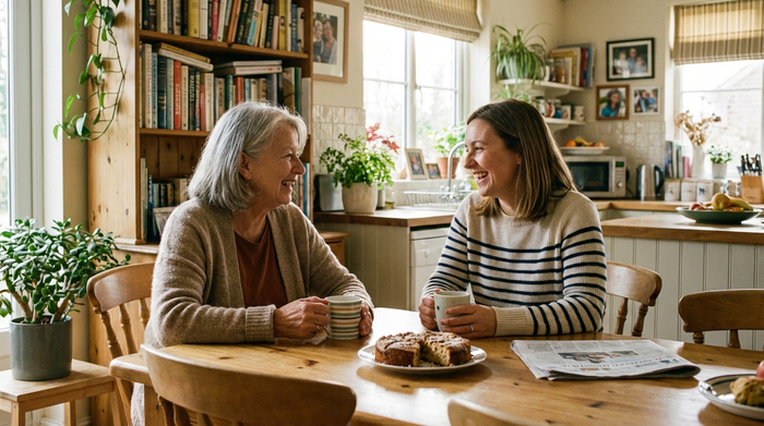 Lächelnde Tochter sitzt mit ihrer älteren Mutter am Esstisch, beide trinken Kaffee und unterhalten sich entspannt