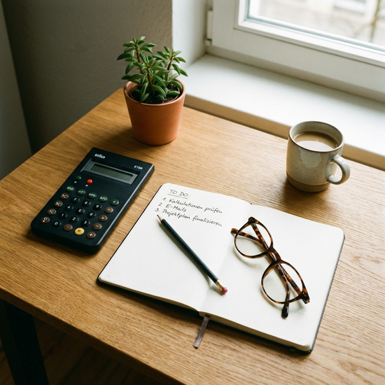 Ordentlicher Schreibtisch mit Taschenrechner, Notizblock und einer Brille