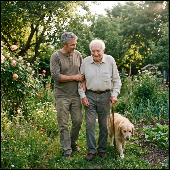 Pflegender Sohn stützt seinen älteren Vater sanft beim Spaziergang im eigenen Garten