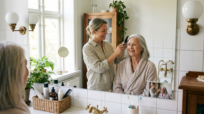 Tochter hilft ihrer Mutter liebevoll beim Kämmen der Haare im hellen Badezimmer