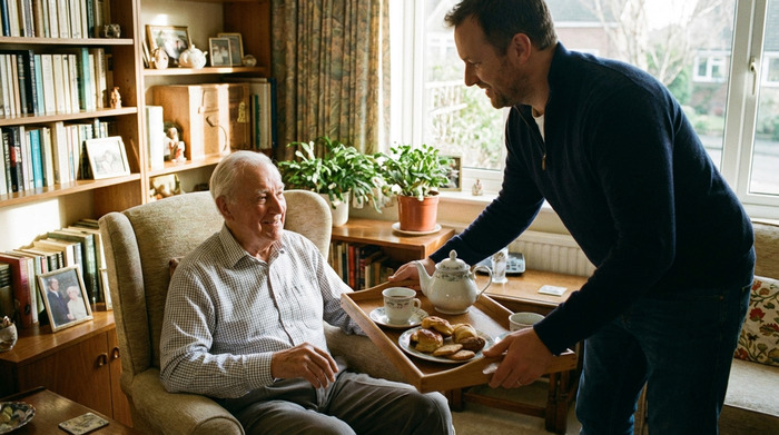 Sohn bringt seinem Vater ein Tablett mit frischem Tee und Gebäck ins Wohnzimmer