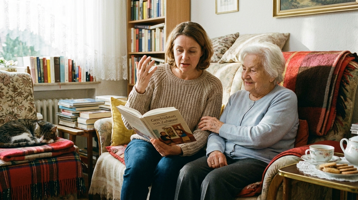 Schwiegertochter liest der älteren Dame aus einem Buch vor