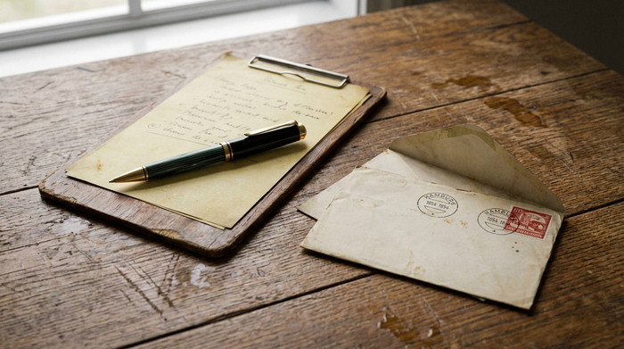 Kugelschreiber liegt auf einem Klemmbrett neben einem Briefumschlag auf einem Holztisch