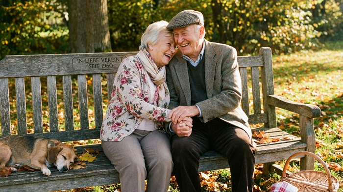 Älteres Ehepaar sitzt glücklich und vertraut nebeneinander auf einer Parkbank im Sonnenschein