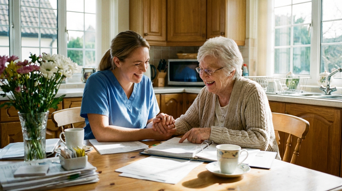 Freundliche Pflegerin und Seniorin sitzen gemeinsam am Küchentisch und besprechen Dokumente