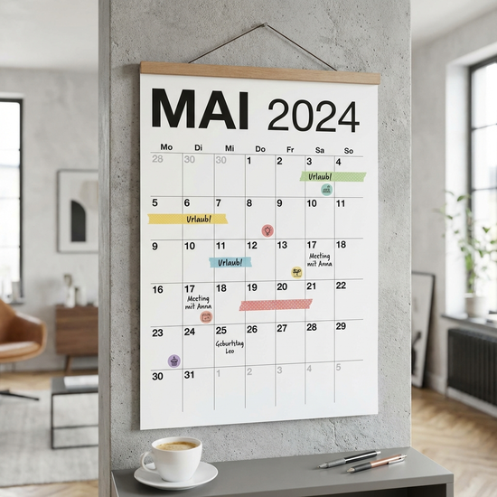 Moderner Wandkalender mit markierten Terminen