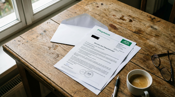 Offizieller Brief der Pflegekasse liegt auf einem Holztisch