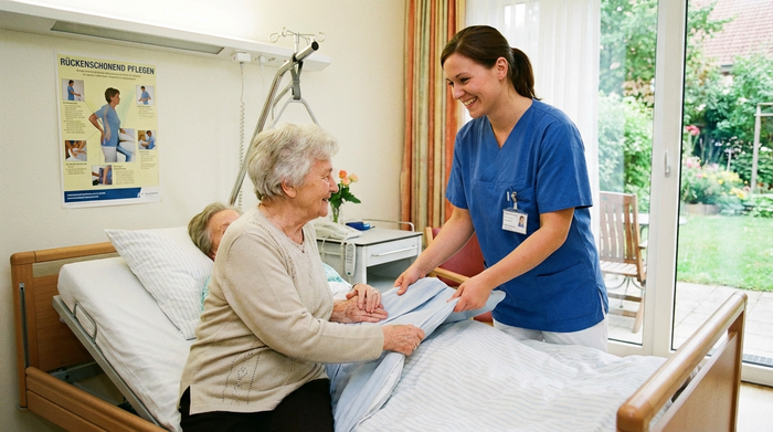 Pflegerin zeigt Angehöriger schonende Handgriffe am Pflegebett