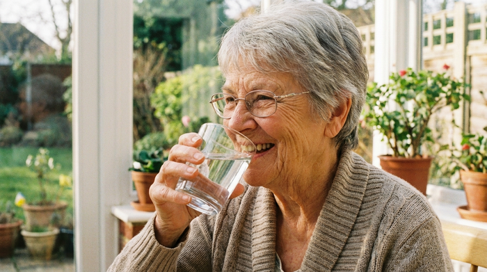 Seniorin trinkt ein Glas Wasser