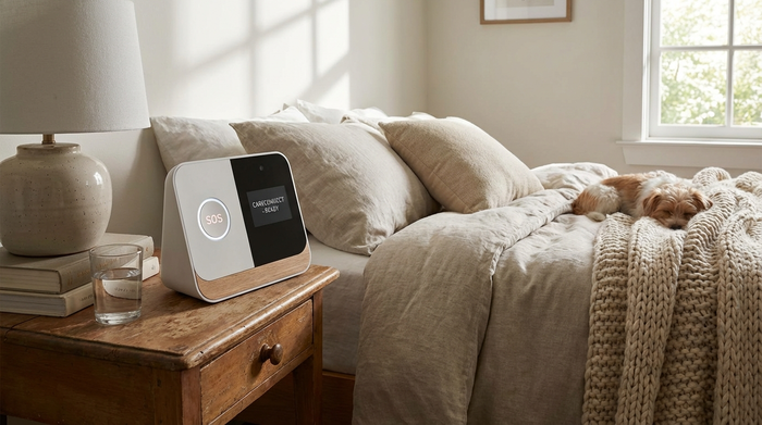 Modernes Hausnotruf-Gerät steht griffbereit auf einem Nachttisch neben einem gemütlichen Bett