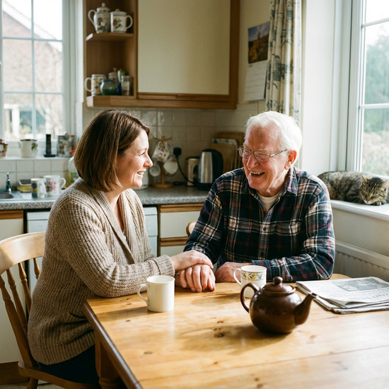 Freundliche Pflegerin und Senior unterhalten sich entspannt am Küchentisch