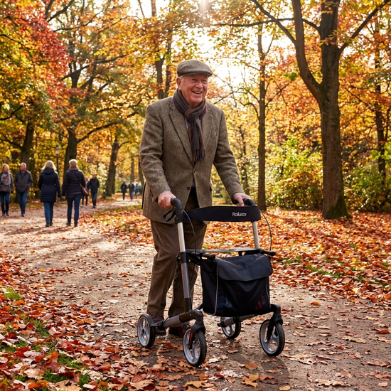 Älterer Herr geht sicher und selbstbewusst mit einem Rollator durch einen herbstlichen Park