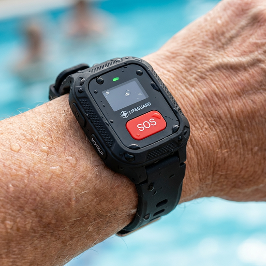 Nahaufnahme eines wasserdichten Hausnotruf-Senders, der als Armband am Handgelenk getragen wird