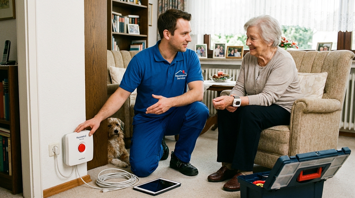 Servicetechniker schließt eine Hausnotruf-Basisstation im Wohnzimmer an und erklärt die Funktionen