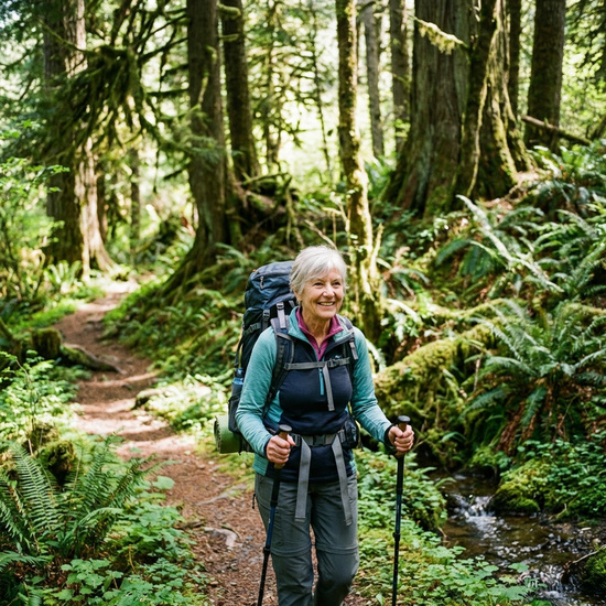 Aktive Seniorin wandert mit Rucksack durch einen grünen Wald