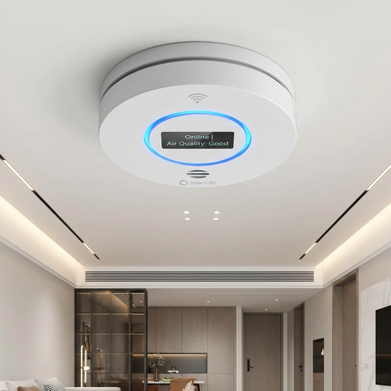 Moderner, vernetzter Rauchmelder an einer weißen Zimmerdecke