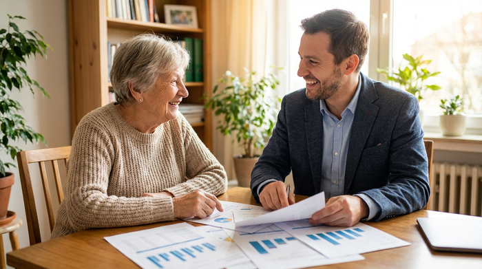 Seniorin im Gespräch mit einem freundlichen Berater am Tisch, während Unterlagen besprochen werden