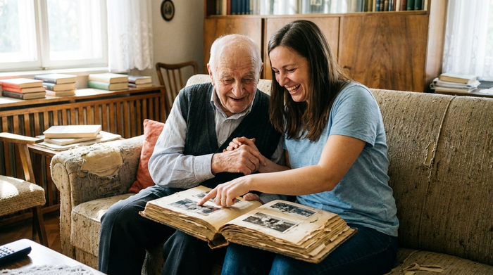 Älterer Herr mit Demenz und seine Tochter betrachten gemeinsam liebevoll ein altes Fotoalbum