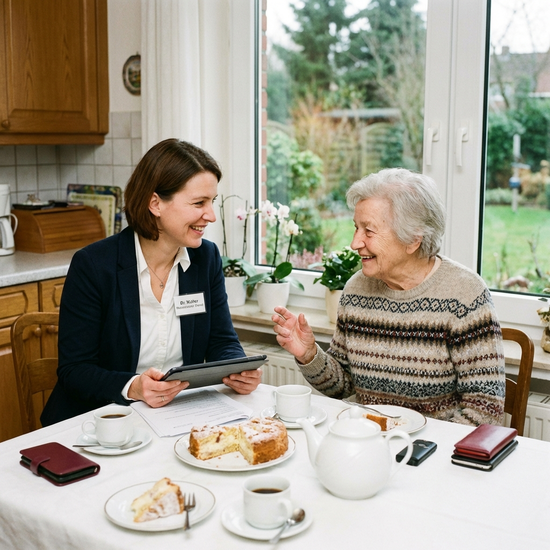 Gutachterin des Medizinischen Dienstes im freundlichen Gespräch mit Seniorin am Küchentisch