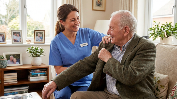 Pflegekraft hilft freundlich einem älteren Herrn beim Anziehen einer Jacke